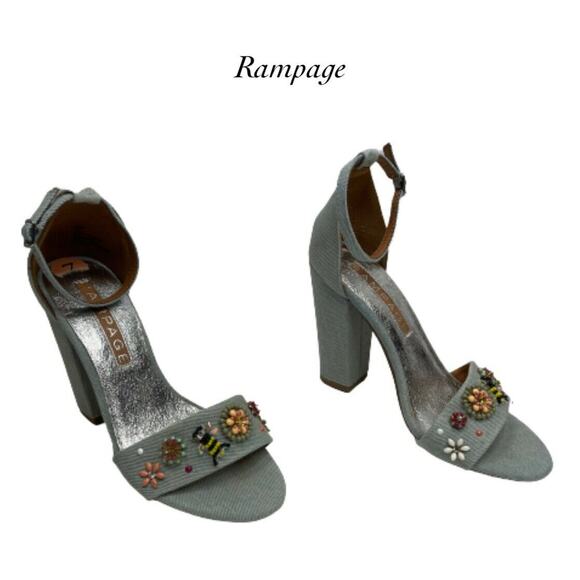 Rampage Skye Denim Bee Flower Embellished Ankle Strap Sandal Heels Size 7 - Picture 1 of 9